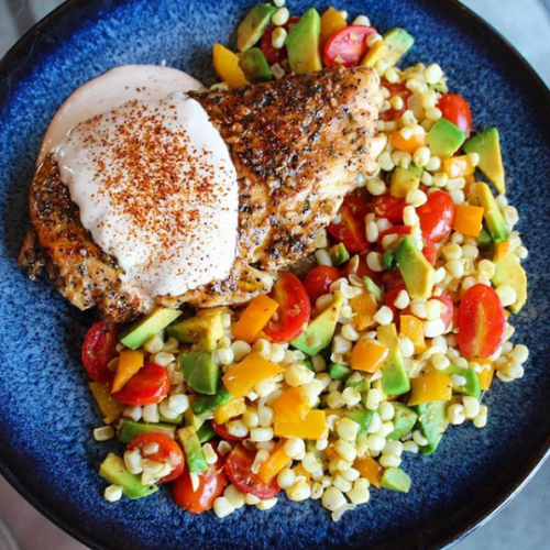 Grilled Chicken with Avocado Succotash and A Lemon Pepper Aioli