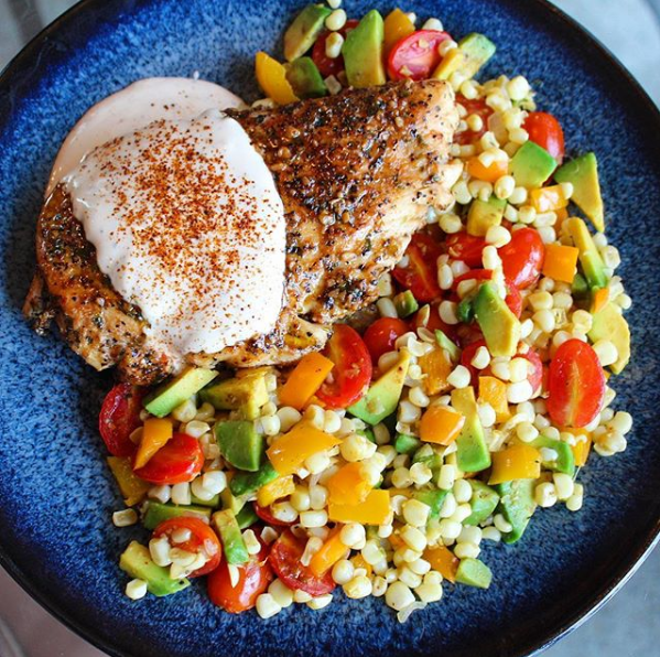 Grilled Chicken with Avocado Succotash and A Lemon Pepper Aioli