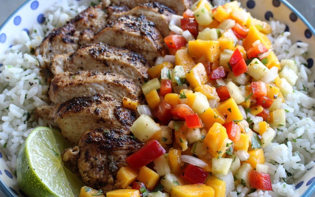 Grilled cilantro lime chicken with a fresh pineapple mango salsa and cilantro rice