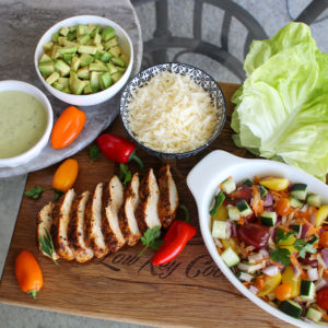 Asiago grilled chicken lettuce wraps with a creamy lime cilantro dressing